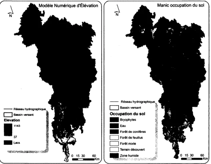 Figure 2.3 Topographie et occupation du sol du bassin versant de la riviere Manicouagan
