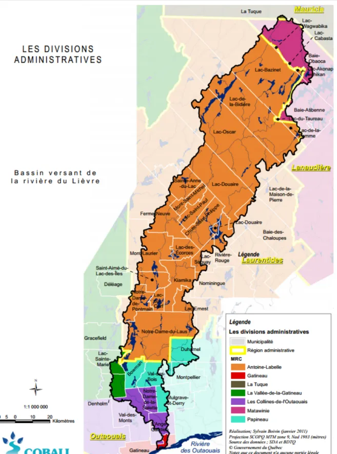 Figure 1.2 Divisions administratives du bassin versant de la rivière du Lièvre  http://www.cobali.org/repertoire_cartographique.php 
