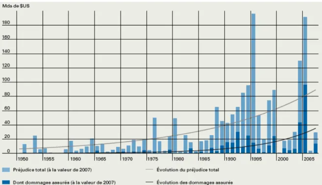 Figure 4.1  Dommages assurés et préjudice total. Tiré de Munich Re, 2008, p.49. 