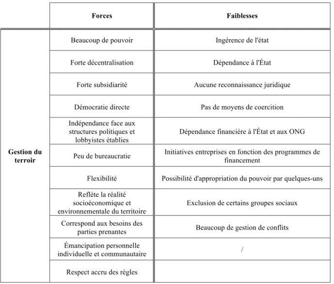 Tableau 4.3 : Forces et faiblesses de la gestion de terroir. 