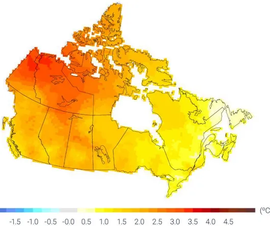 Figure  2.4  Augmentation  de  la  température  observée  au  Canada  depuis  1948.  On  note  une  importante augmentation des températures dans la forêt boréale de l'Ouest