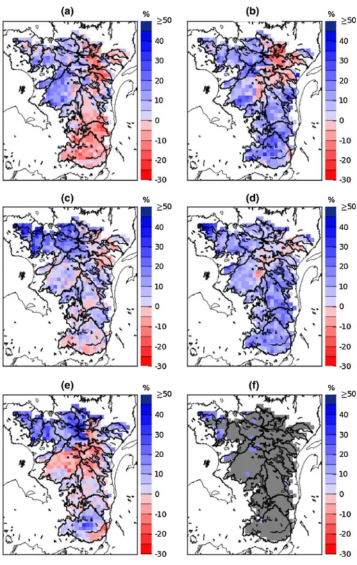 Fig. 10 a–e Projected changes (in %) to10-year return levels of 1-day high flows derived from five future and current period simulation pairs (F1–C1, F2–C2, …, F5–C5)