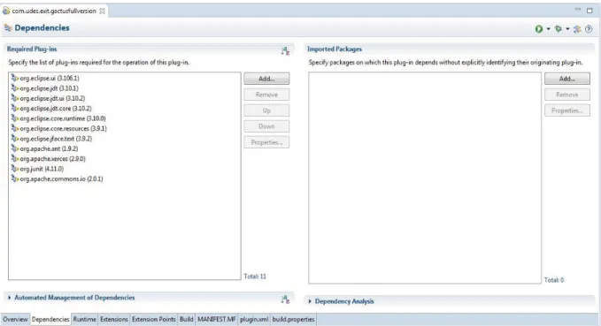 Figure 4.1 Fenêtre du menu « dependencies » du ﬁchier « plugin.xml ».