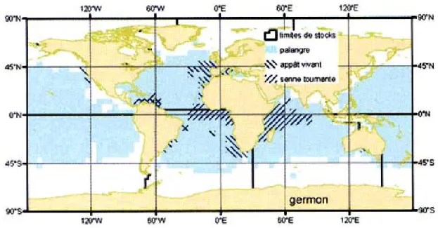Figure 1.4  Distribution spatiale des techniques de pêche pour le thon germon  en 2005  (inspiré  de FAO, 2005)  