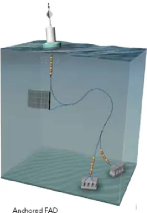 Figure 1.11 DCP (tiré de Pewtrust, 2011). Le dispositif DCP est maintenu en place grâce à des poids  disposés sur le fond marin