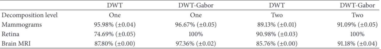 Table 1: Average SVM classification accuracy as a function of feature extraction method and level of DWT decomposition ∗ .