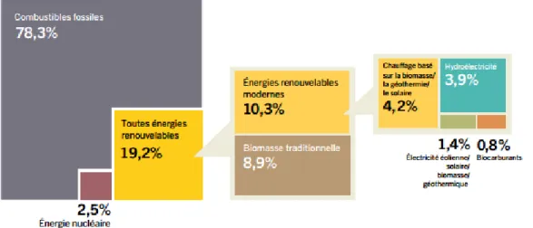 Figure 1.1    Part estimée des ENR dans la consommation énergétique finale mondiale en 2014 (%)  (tiré de : Renewable Energy Policy Network for the 21st Century [REN21], 2016)