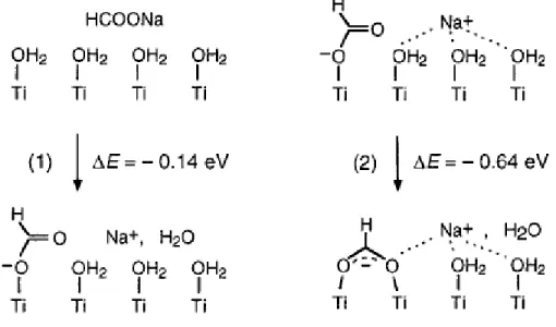 Figure  2-20 Schematic illustration of the monodentate and the bridging bidentate structure of HCOONa  on anatase [23] 