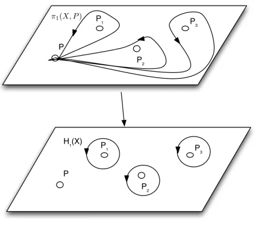 Figure 10. Générateurs du groupe fondamental et Générateurs du groupe d'homologie P₁ P₃ P₂P P H₁(X) P₁ P₃ P₂π1(X, P )