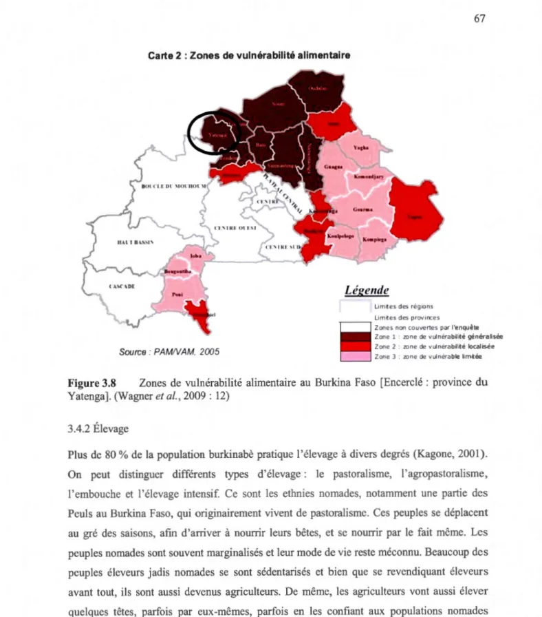 Figur e 3. 8  Zones  de  vu lnérabilité  alimentaire  au  Burkina  Faso  [Encerclé  :  prov ince  du  Yatenga]