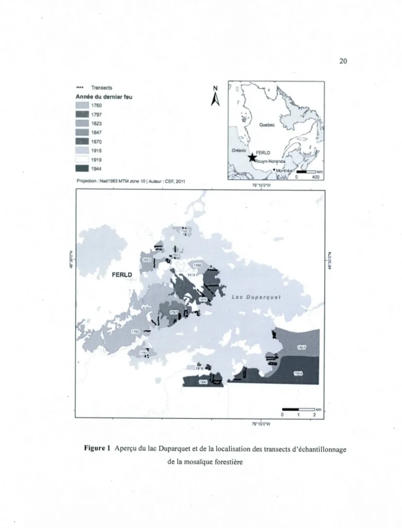 Figure 1  Aperçu du  lac  Dup arquet et de  la localisation des  transects d 'échantillonn age 