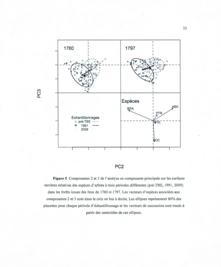 Figure 5  Comp osantes  2 et 3  de  l'analyse en co mposante principale sur  les  surfaces  terri  ères  re latives  des  espèces d'arbres  à  trois  périodes  différe ntes  (pré-TB  E,  199 1, 200 9) 
