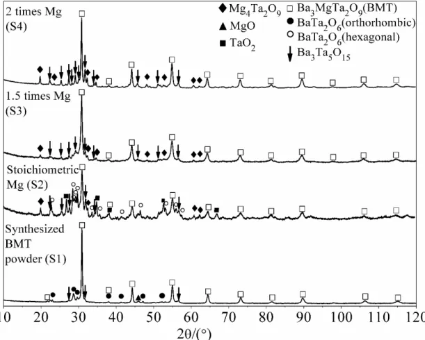 Fig. 9 X-ray diffractograms of as-sprayed coatings prepared by S1 (45 kW), S2 (53  kW), S3 (53 kW) and S4 (53 kW) precursors, which contained different initial amounts  of Mg