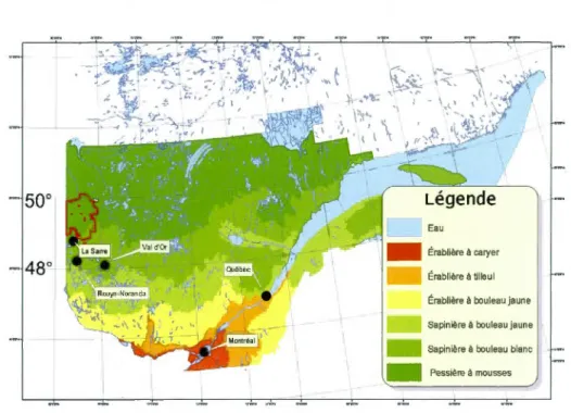 Figure  1.1  Location of the study area (north of La Sarre) and bioclimatic zones  (Tembec,  2008)