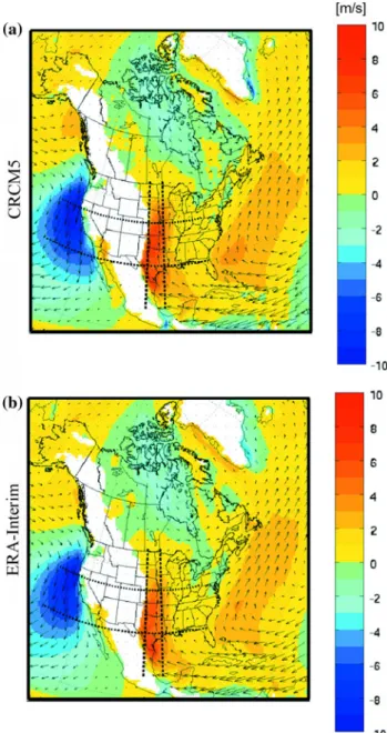 Figure 23 presents a meridional cross-section of meridional winds, zonally-averaged in the band between 95°W and 100°W, for 0, 6, 12 and 18 GMT, both for the CRCM5 simulation and the ERA-Interim reanalysis