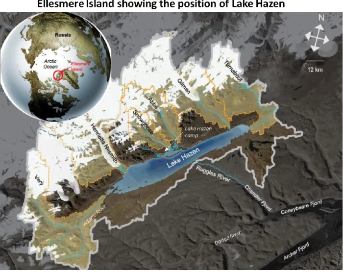 Figure 2. Map of the Lake Hazen watershed (grey outline) on northern Ellesmere Island (see inset map)