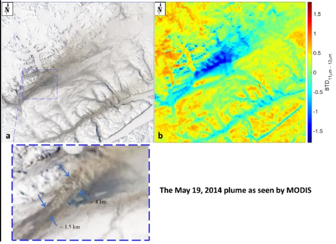 Figure 2b shows the BTD (BT 11 – BT 12 ) image corresponding to the MODIS RGB image of  Figure 2a