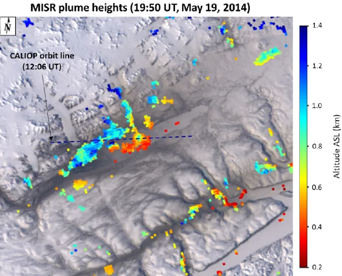 Figure 3. 19 May 2014, MISR wind-corrected heights superimposed on the MISR RGB, nadir image  (algorithmic details are given in the Figure S14 caption)