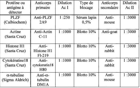 Tableau 5 : Conditions pour la détection de différents antigènes 