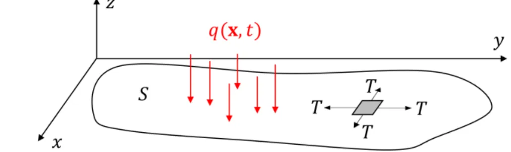 Figure 2.4 Membrane sous tension uniforme soumise à un chargement trans- trans-verse.