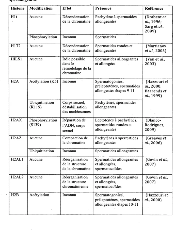 Tableau  1. Variants et modifications post-traductionnelles des histones durant la  spermiogenèse