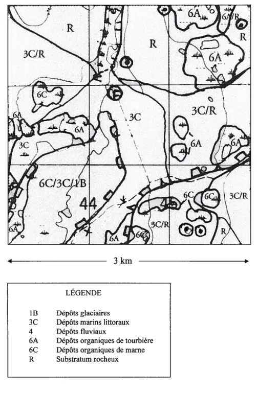 Figure 2.2. Carte des forniations meubles de la zone d’étude de Dubois et al. (1985): secteur de la rivière à la Loutre