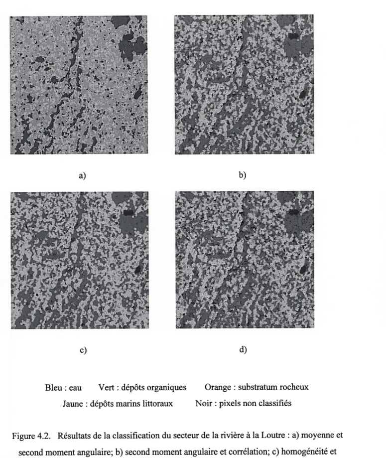 Figure 4.2. Résultats de la classification du secteur de la rivière à la Loutre a) moyenne et second moment angulaire; b) second moment angulaire et corrélation; c) homogénéité et