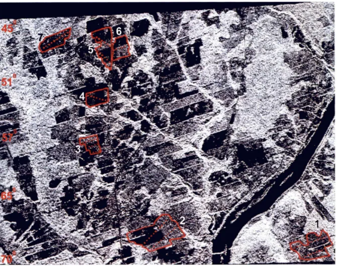 Figure 2.  Image radar en bande C-HH, montrant la localisation des champs (F1 à F7) aux angles d'incidence de 45° à 70°.