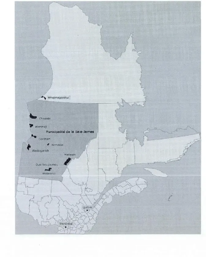 Figure  1: Les neuf communautés Cries et la muni cipalité de  la Baie-James 9 . 