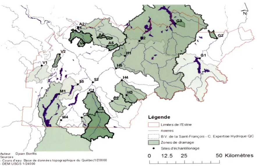 Figure 8 : Délimitation des zones de drainage des sites d'échantillonnage