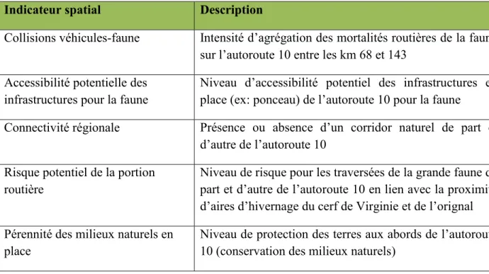 Tableau 1 : Choix et description des indicateurs spatiaux  Indicateur spatial   Description 