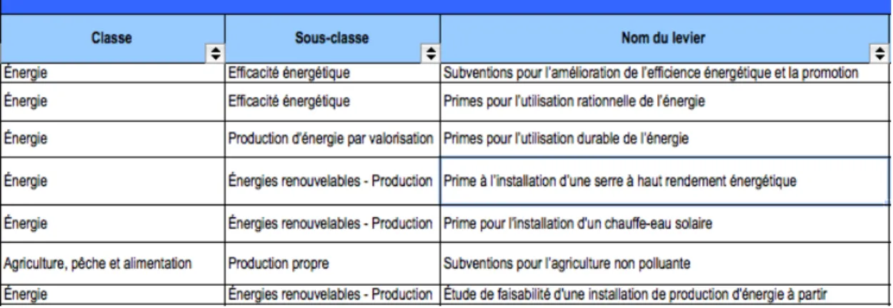 Figure 3.1 Classification des leviers par classes et sous-classes. 