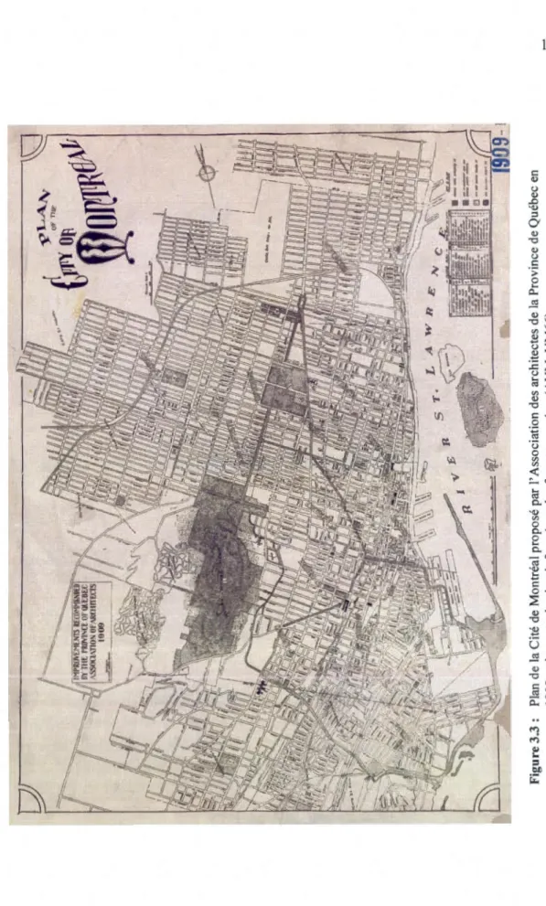 Figure 3.3 : Plan de la Cité de Montréal proposé par l'Association des architectes de la Province de Québec en  1909 qui montre le circuit formé par les futures percées