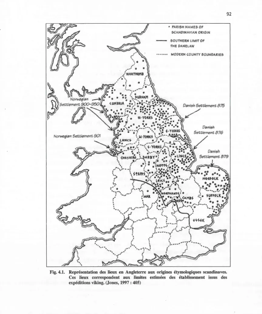 Fig. 4.1.  Représentation  des  lieux  en  Angleterre  aux  origines  étymologiques  scandinaves