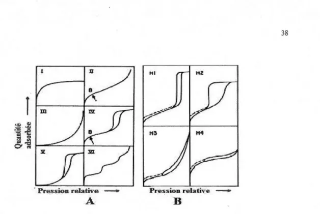 Figure 2.4 Classification des  isothermes d'adsorption physique (A) et des hystérésis (B)[68]-