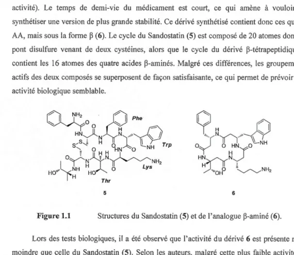 Figure 1.1  Structures du  Sand ostatin (5) et de  l'analogue  ~-amin é  (6). 