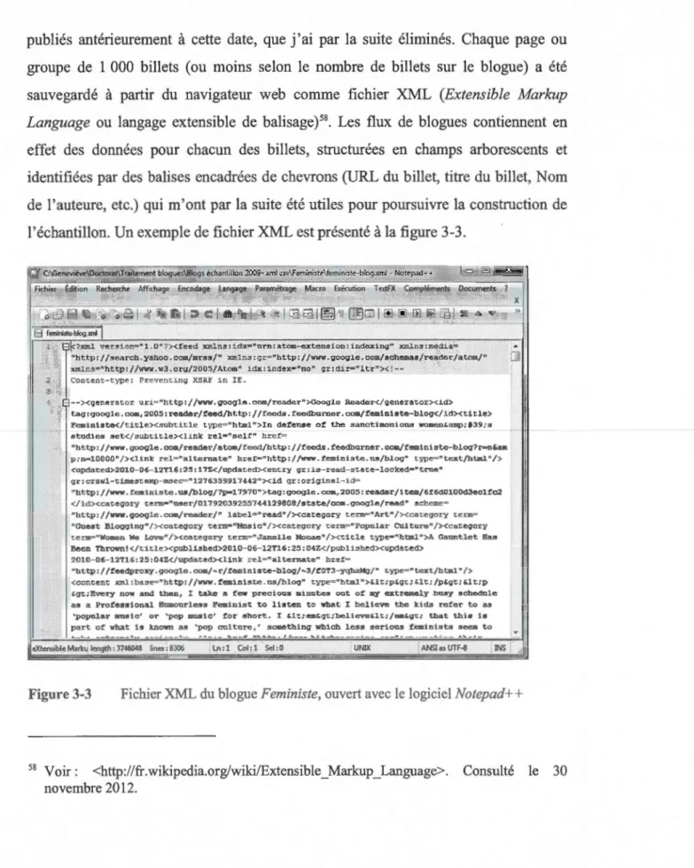 Figure 3-3  Fichier XML du blogue Feministe, ouvert avec le  logiciel Notepad++ 