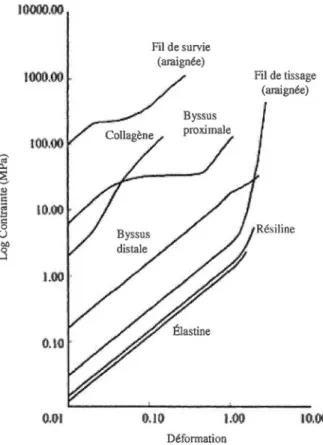 Figure 1.4  Graphique contrainte-élongation de plusieurs protéines  (tiré et modifié de [5]) 