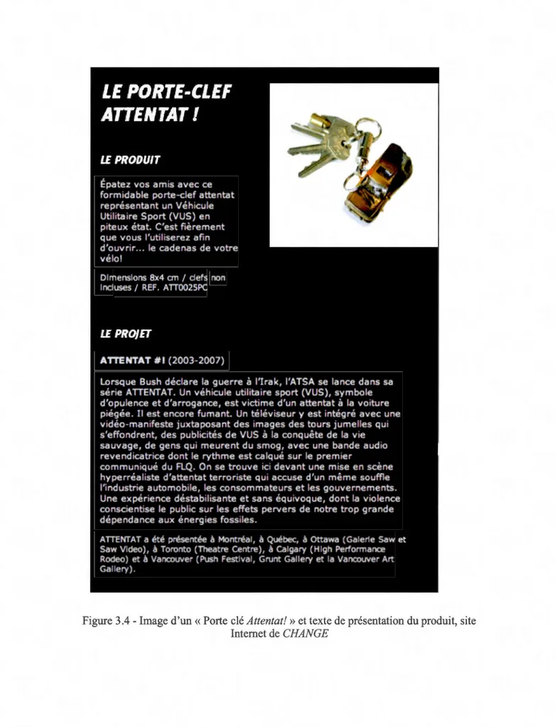 Figure 3.4- Image d'un« Porte clé Attentat!» et texte de  présentation du  produit, site  Internet de CHANGE 