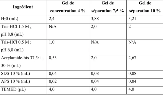 Tableau 5 : Composition des gels de polyacrylamides utilisés pour les buvardages de  type Western  Ingrédient  Gel de  concentration 4 %  Gel de  séparation 7,5 %  Gel de  séparation 10 %  H 2 0 (mL)  2,4  3,88  3,21  Tris-HCl 1,5 M ;   pH 8,8 (mL)  N/A  2