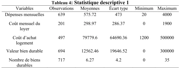 Tableau 4 : Statistique descriptive 1 