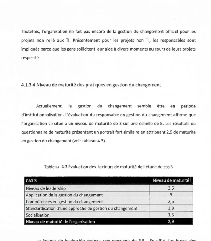 Tableau  4.3  Évaluation des  facteurs de maturité de  l'étude de  cas  3 