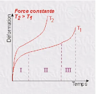 Figure 2.9 Courbe de fluages pour une même  contrainte et à deux températures différentes.