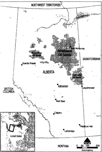 Figure 4. Régions où se retrouvent les réserves de sables bitumineux en Alberta, Canada (22)