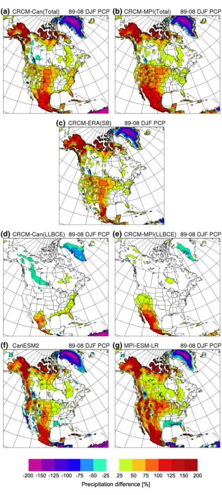 Fig. 6 Same as in Fig. 4 but for 1989–2008 DJF-average precipitation with CRU observations as reference
