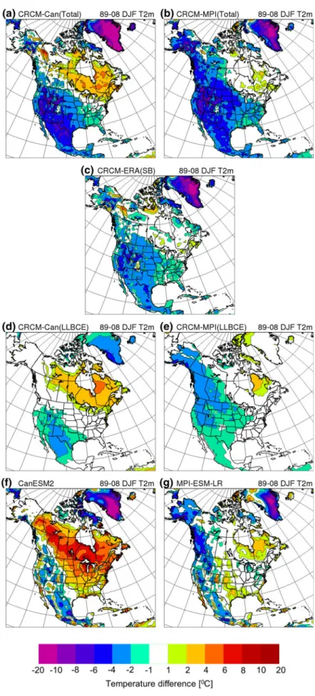 Fig. 4 Differences between a CRCM-Can, b CRCM-MPI, c CRCM-ERA, f CanESM2, g MPI-ESM-LR and CRU 1989–2008 DJF-mean 2 m temperatures; d difference between CRCM-Can and CRCM-ERA 1989–2008  DJF-mean 2 m temperatures; e the same as in d but between CRCM-MPI and