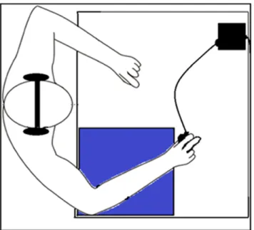 Figure 2. Experimental setting. The participants rested both arms on a padded cushion while holding the grip-force sensor with the right hand in a precision grip (the thumb, index and middle fingers rested on the load cell throughout the experiment).