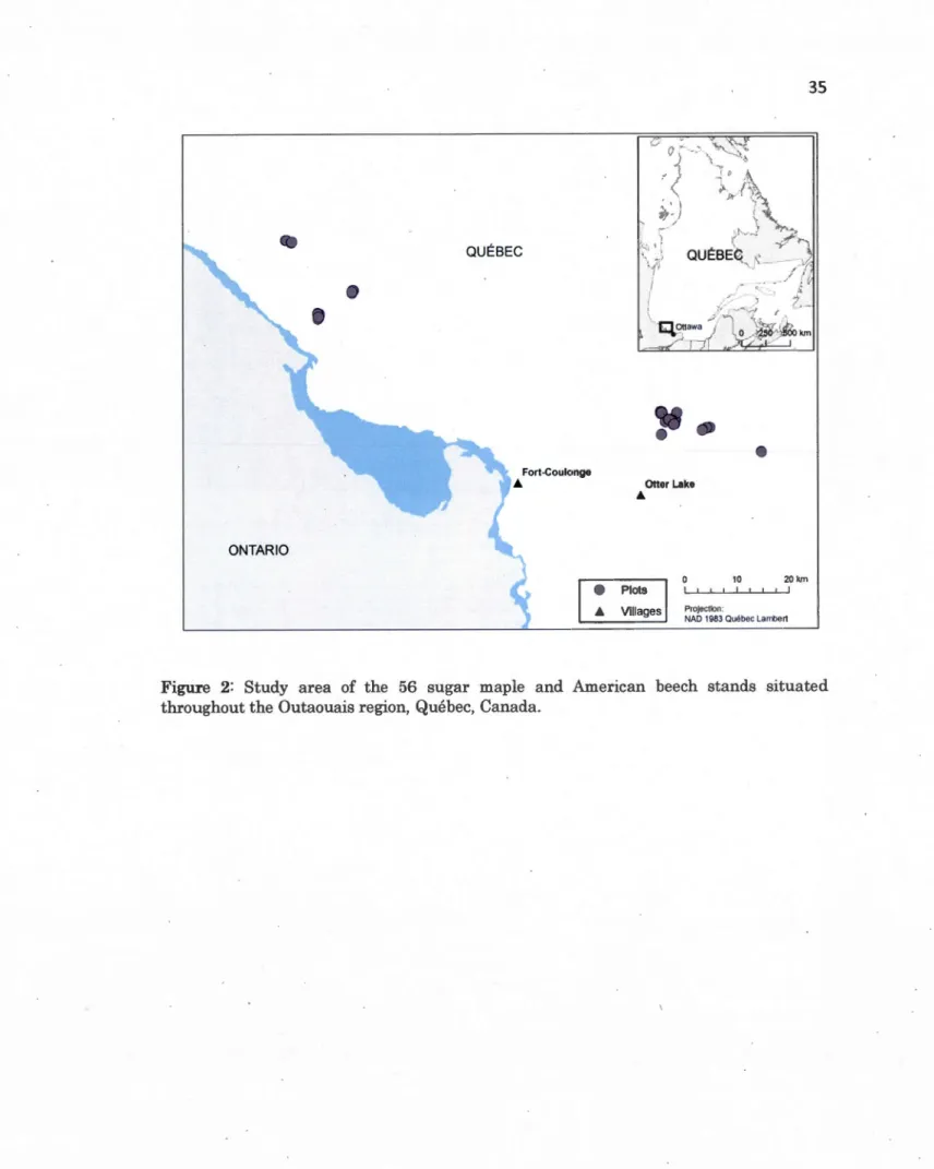 Figure  2:  Study  area  of  the  56  sugar  maple  and  American  beech  stands  situated  throughout the Outaouais region, Québec, Canada