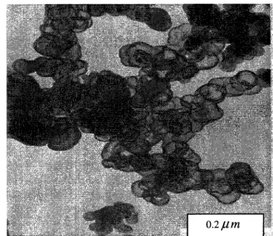 Figure 4.4 Transmission electron micrograph showing hollow particles of carbon black following severe thermal oxidation