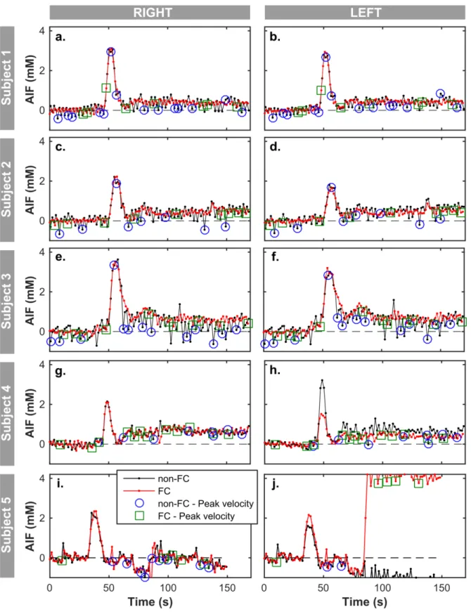FIG. 6. Absolute quantification of the right and left ICA AIFs for all subjects. Right (a,c,e,g,i) and 2 
